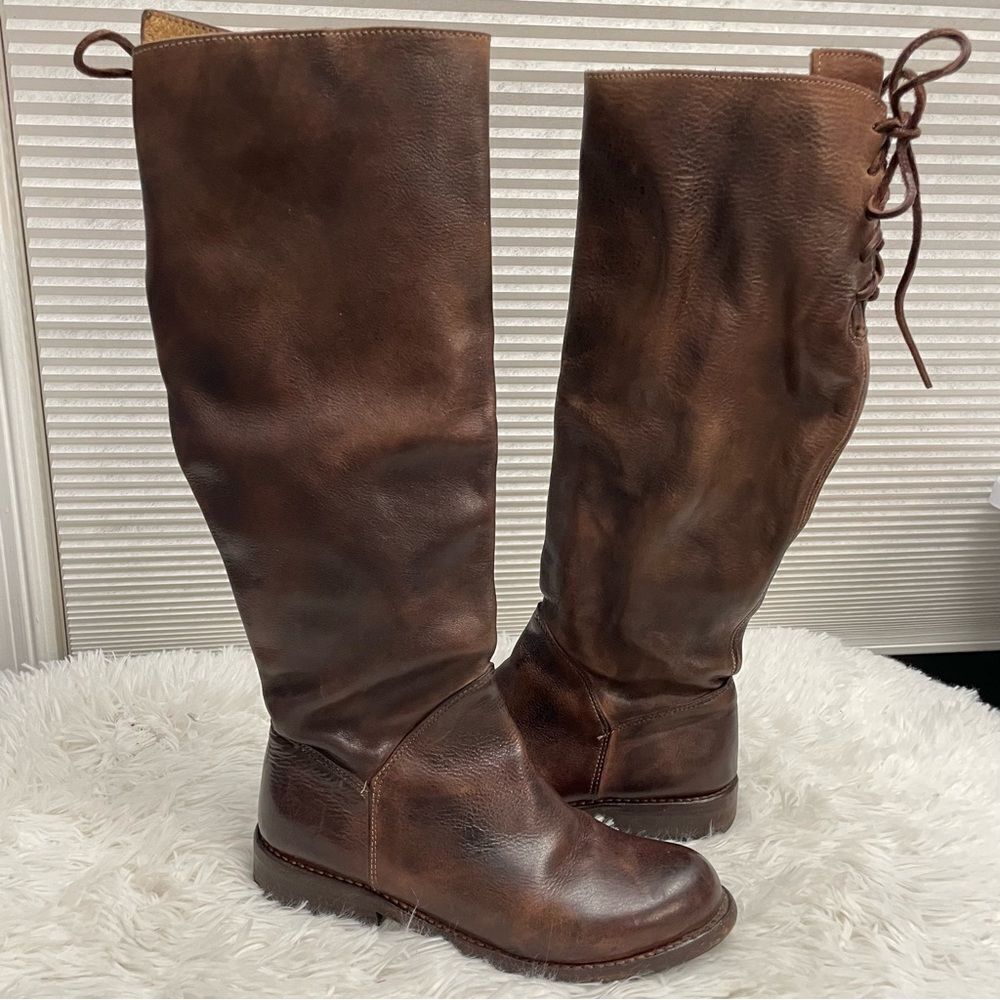 Bed Stu Manchester Ii Teak Rustic Leather Riding Boots Tall Lace Up Back Sz 6